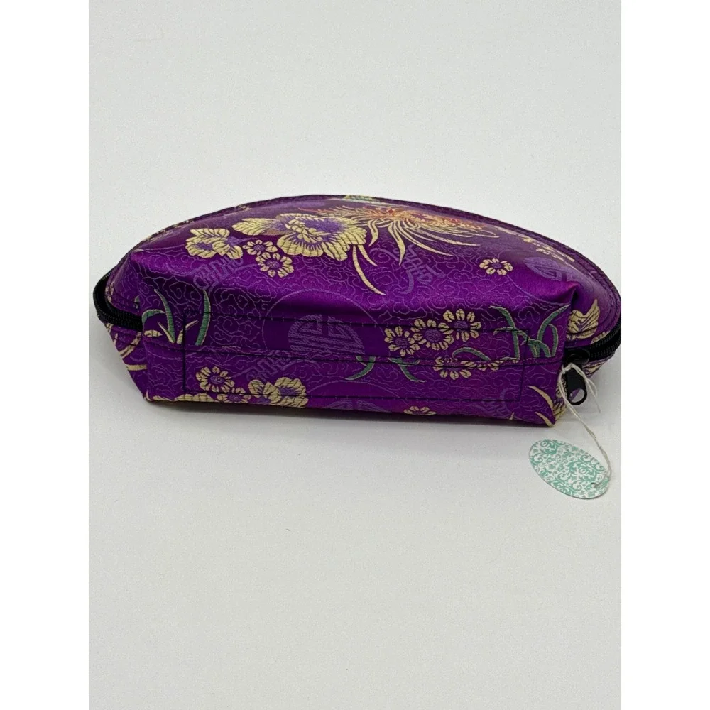 Purple Floral Brocade Makeup Bag Oriental Satin Cosmetic Pouch Made in USA NWT